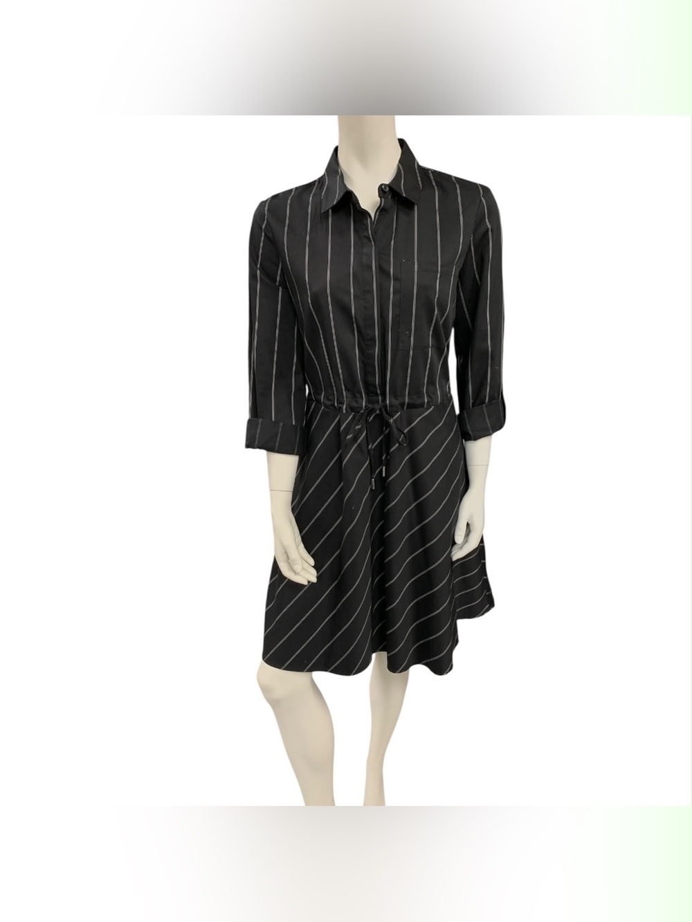 DKNY Black Midi Shirt Dress with White Pinstripes Size M